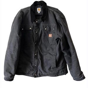 Carhartt Black Distressed Faded Button Zip Up Coat Jacket Men’s Size Large